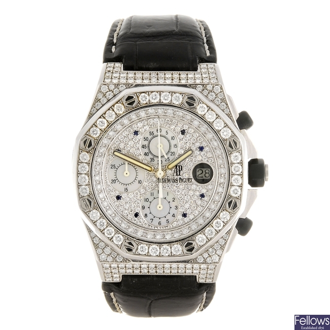 A stainless steel automatic chronograph Audemars Piguet Offshore diamond afterset wrist watch.