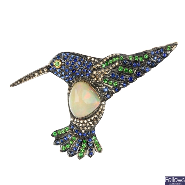 An opal and multi-gem bird brooch.