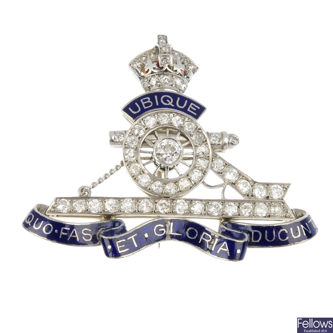 A mid 20th century Royal Artillery diamond and enamel brooch.