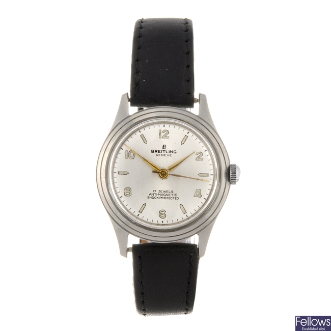 A stainless steel manual wind gentleman's Breitling wrist watch.