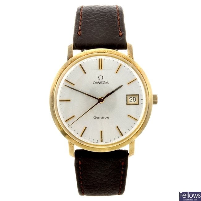 A 14k gold manual wind gentleman's Omega wrist watch.