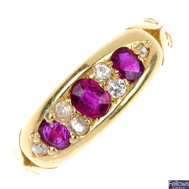 A late Victorian 18ct gold ruby and diamond ring. 