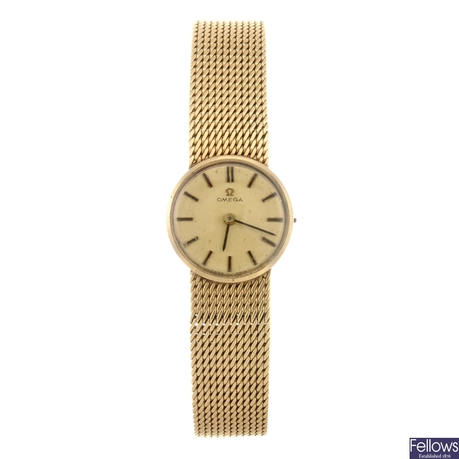 (303093099) A 9ct gold manual wind lady's Omega bracelet watch.