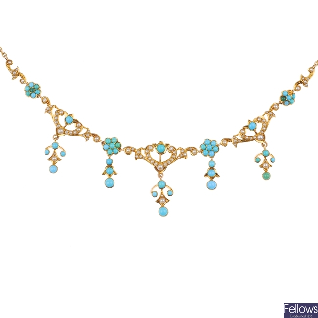 An early 20th century gold turquoise and seed pearl necklace. 