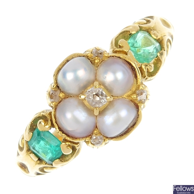 A late 19th century 15ct gold diamond, split pearl and emerald ring.