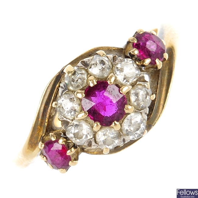 A late 19th century 18ct gold ruby and diamond cluster ring.