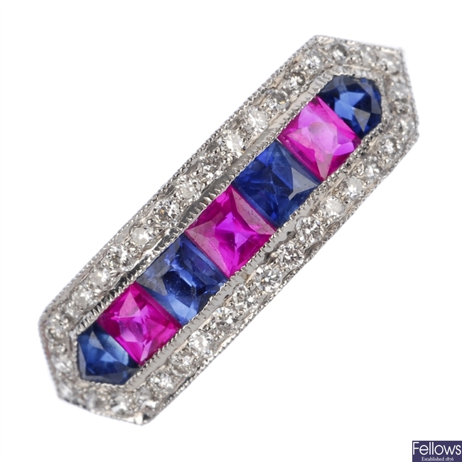 A ruby, sapphire and diamond ring.