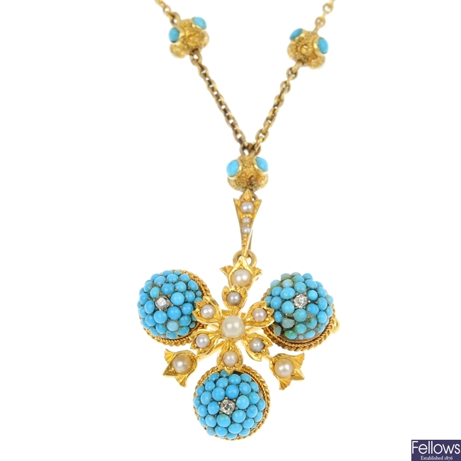 An early 20th century 9ct gold turquoise, pearl and diamond pendant.