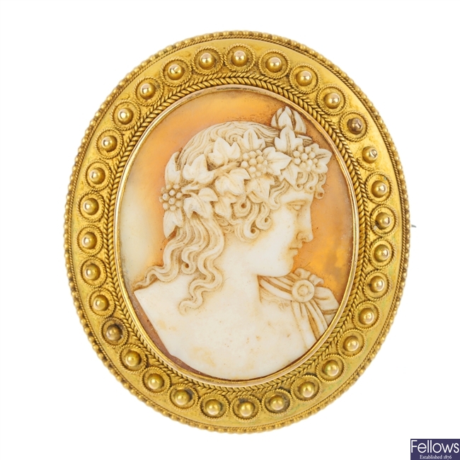 A mid Victorian gold shell cameo brooch.