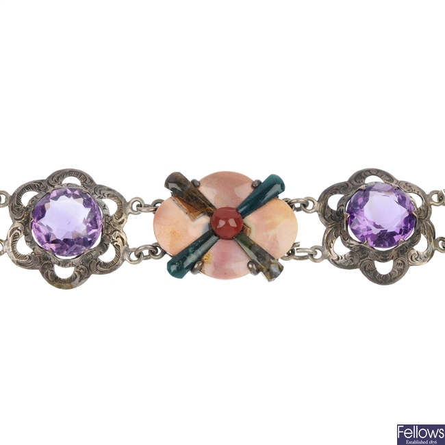 A late Victorian Scottish pebble and amethyst bracelet, circa 1880.