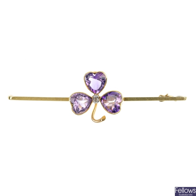 An early 20th century 12ct gold amethyst and diamond brooch.