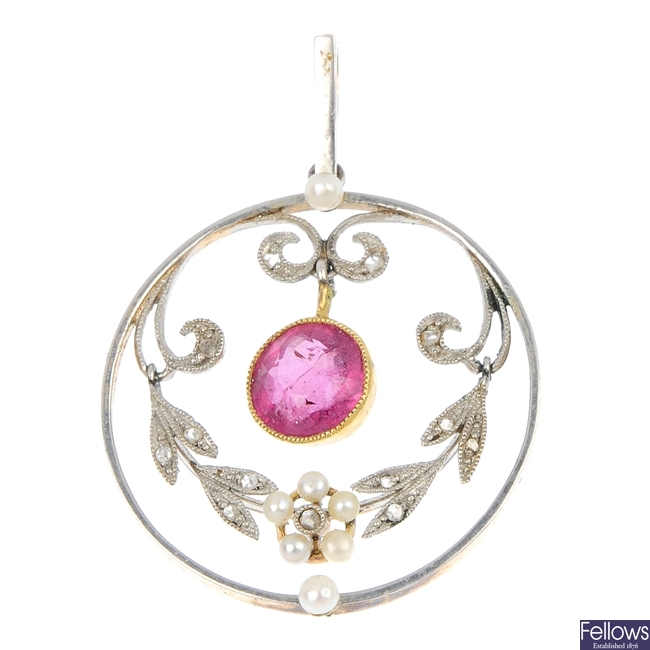 A mid 20th century 15ct gold and platinum tourmaline, diamond and seed pearl pendant.
