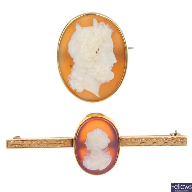 Two early 20th century gold cameo brooches and a hardstone cameo stud.