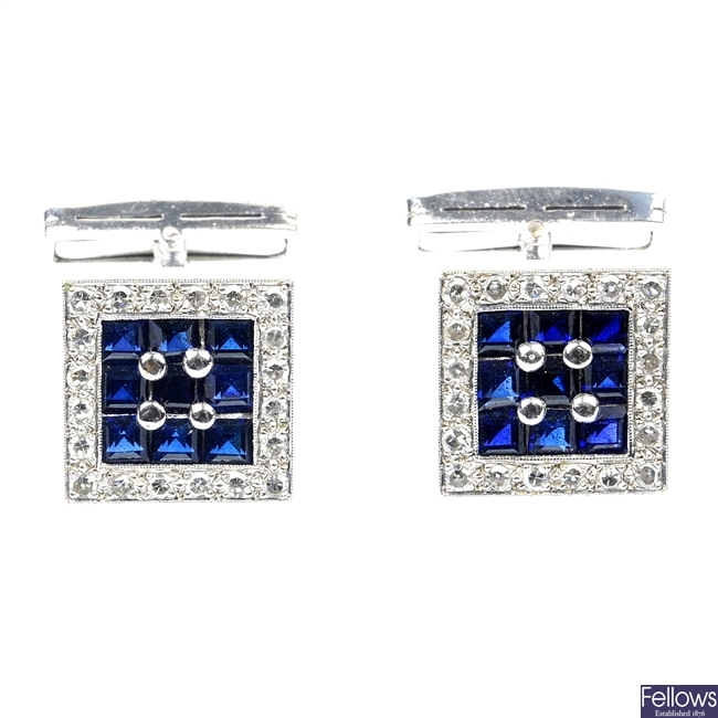 A pair of sapphire and diamond cufflinks.