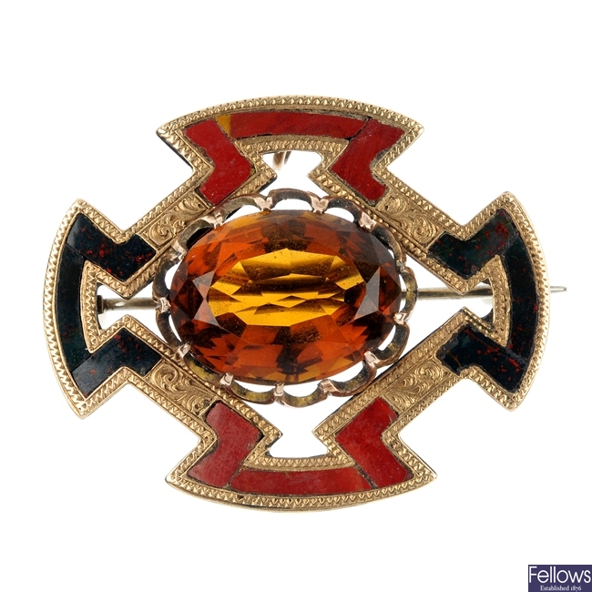 A Scottish late 19th century 9ct gold citrine and agate brooch.