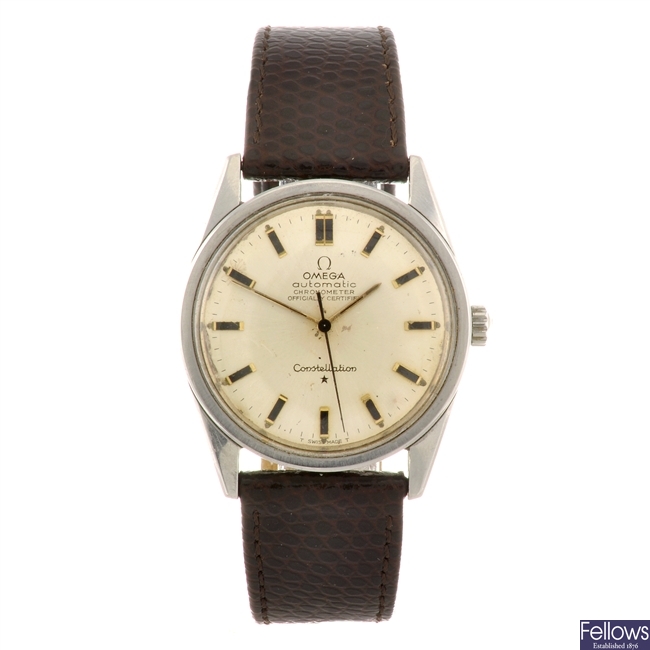A stainless steel automatic gentleman's Omega Constellation wrist watch.