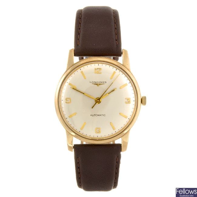 A 9ct gold automatic gentleman's Longines wrist watch.