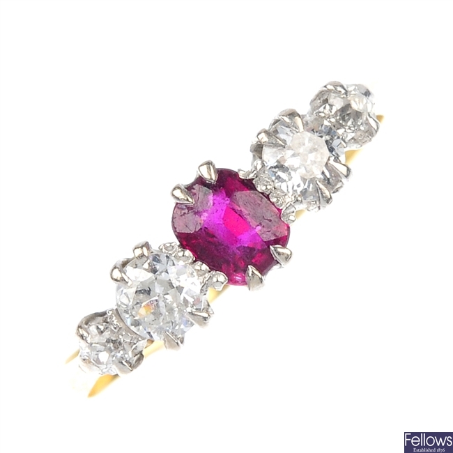 A mid 20th century 18ct gold ruby and diamond five-stone ring.