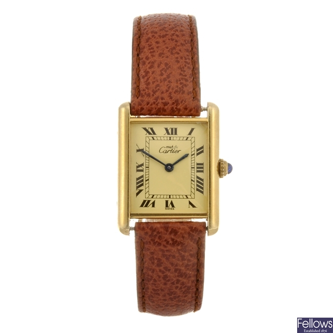 A gold plated silver quartz Cartier Must de Cartier Tank wrist watch.