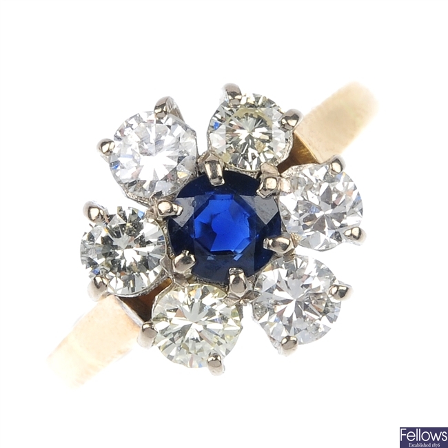 A 14ct gold diamond and sapphire floral cluster ring.