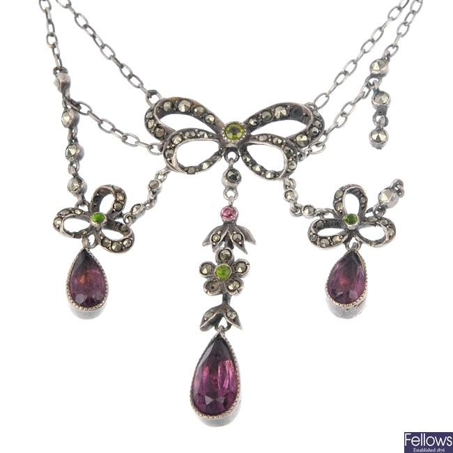 An early 20th century silver paste and marcasite necklace.
