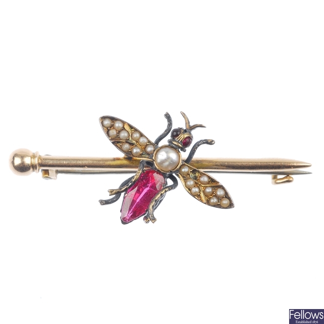 A late 19th century Russian gold and silver split pearl and paste fly brooch.