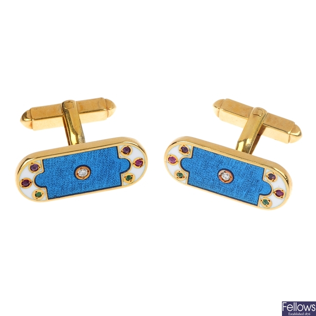A pair of 18ct gold gem-set and enamel cufflinks.