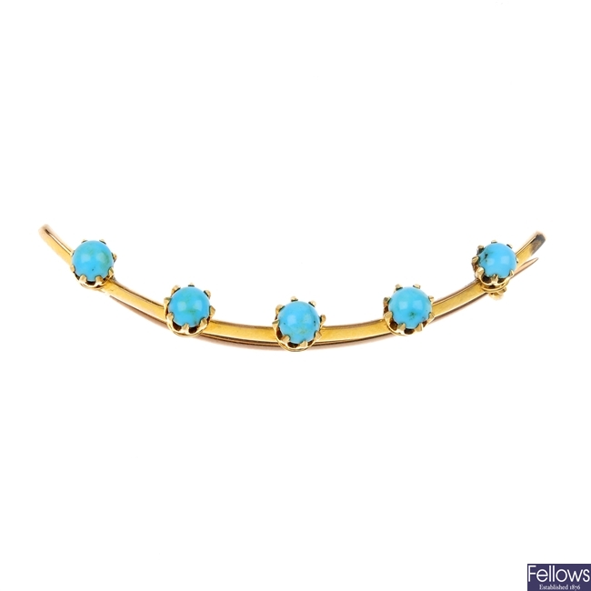 A mid 20th century gold turquoise crescent brooch.