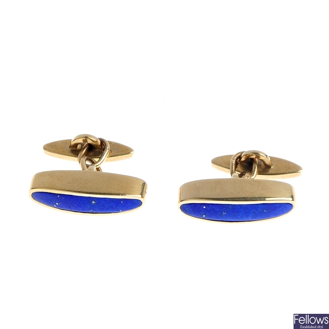 A pair of 9ct gold lapis lazuli cufflinks.
