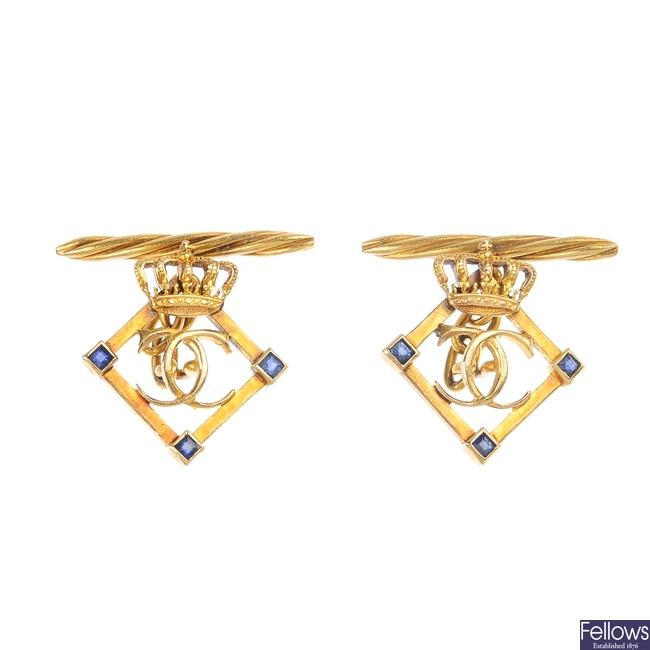 A pair of early 20th century gold and sapphire Ducal cufflinks, with Sy & Wagner box.