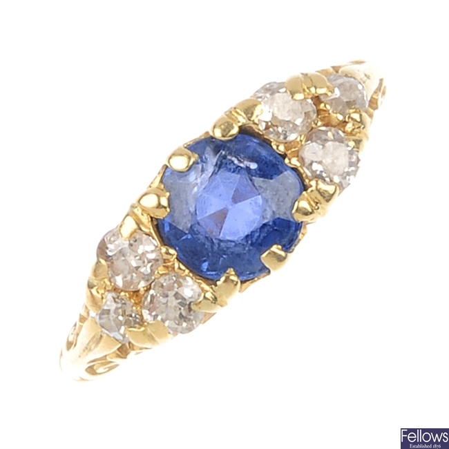 A mid 20th century 18ct gold sapphire and diamond ring.