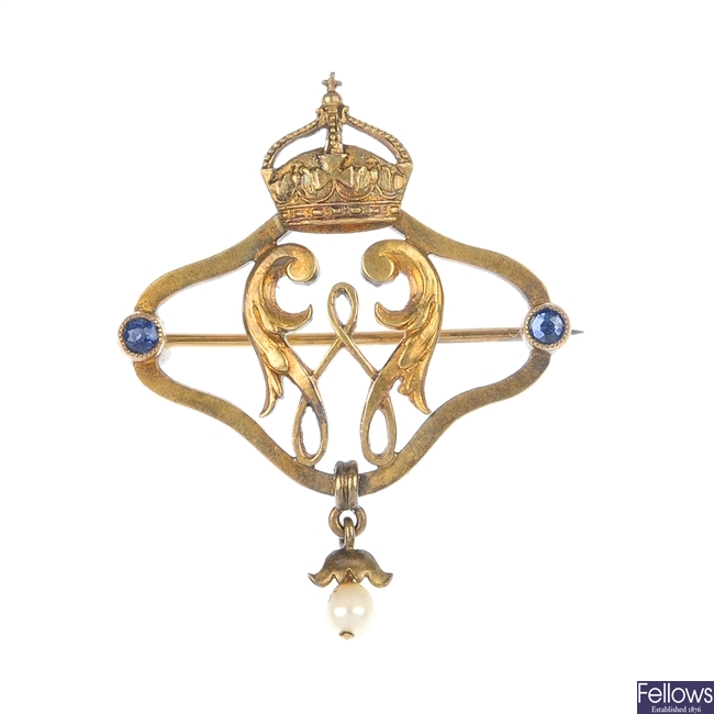 An early 20th century gold gem-set German Crown Prince brooch, with Sy & Wagner box.