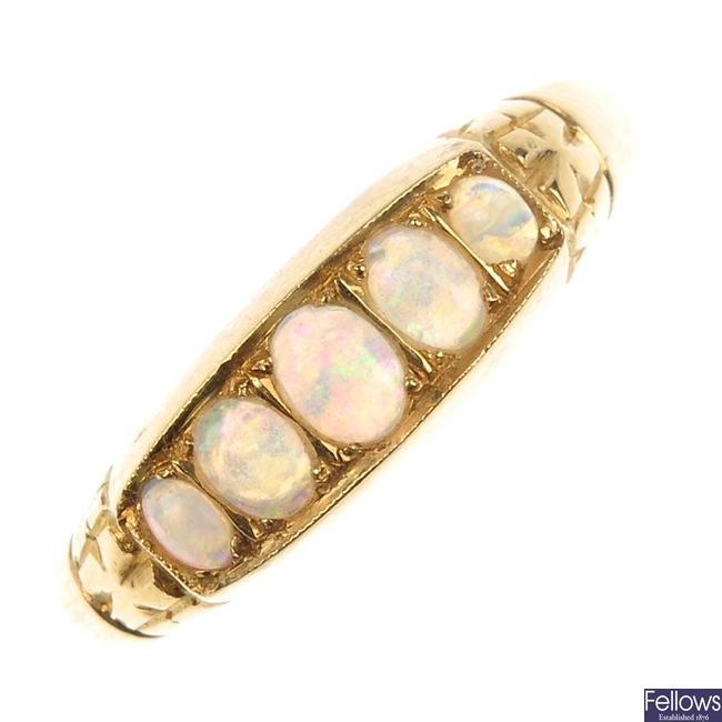 An early 20th century 18ct gold opal five-stone ring.
