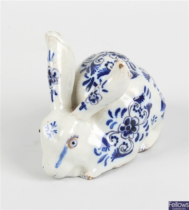 A rare 18th century Delft model of a hare or rabbit
