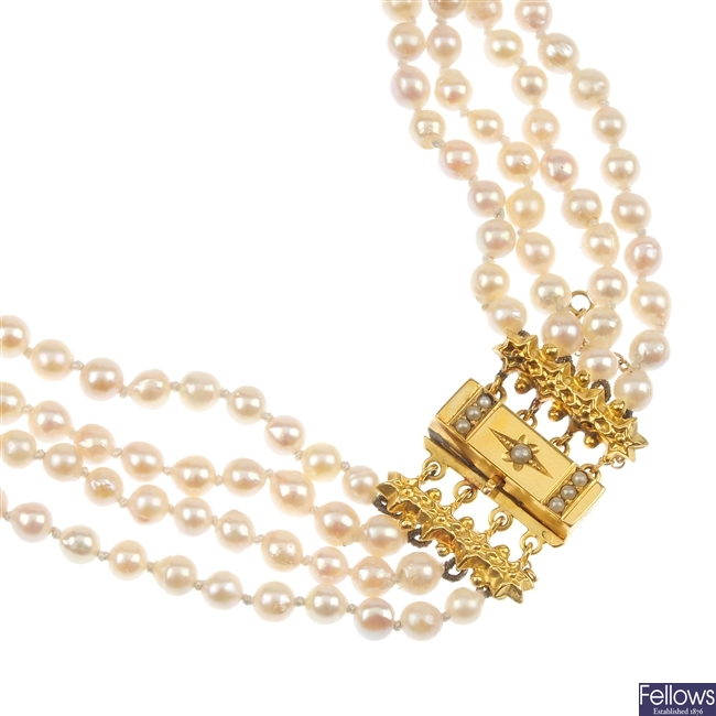 A cultured pearl four-row necklace.