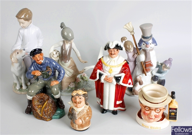 Two Doulton figures, two Doulton jugs and three Lladro figures