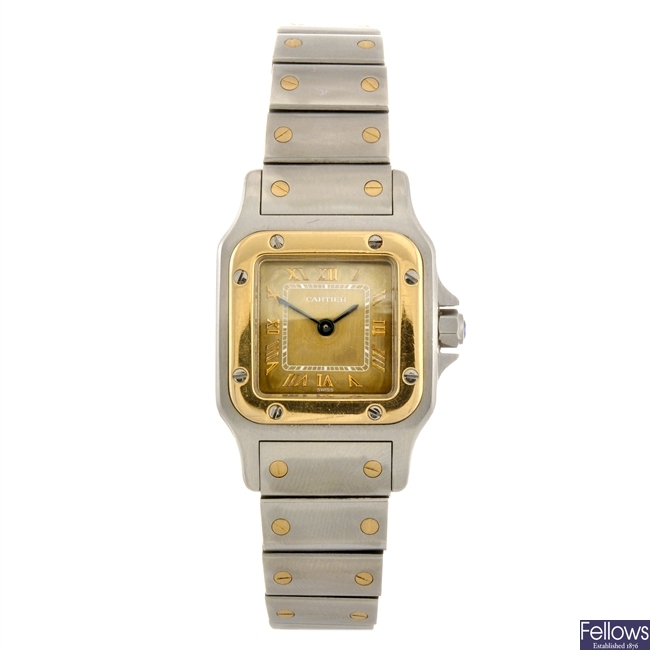 (6123) A bi-metal quartz Cartier Santos bracelet watch.
