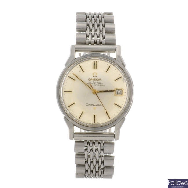 A stainless steel automatic gentleman's Omega Constellation bracelet watch.