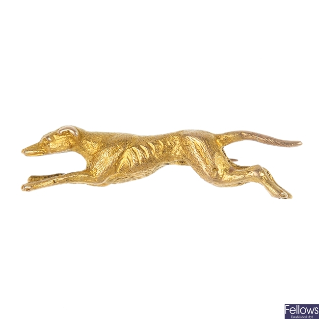 An early 20th century 15ct gold greyhound brooch.