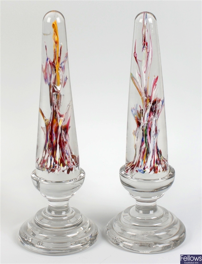 A pair of 19th century glass obelisks
