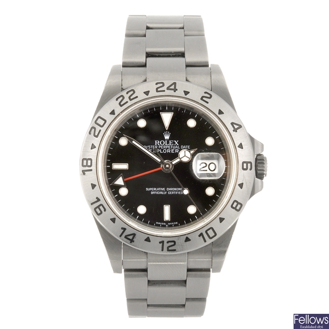 (B3) A stainless steel automatic gentleman's Rolex Explorer II bracelet watch.