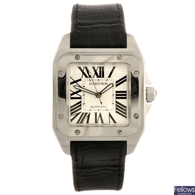 A stainless steel automatic Cartier Santos wrist watch.