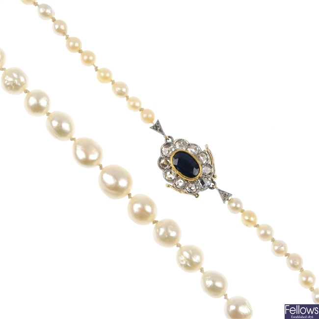 A cultured pearl single-row necklace, with sapphire and diamond clasp.