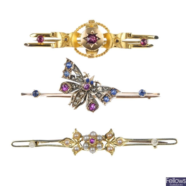 A selection of three gem-set bar brooches. 