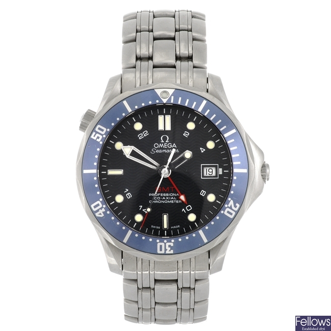 (207302897) A stainless steel automatic gentleman's Omega Seamaster GMT bracelet watch.