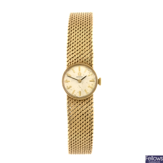 (1061021096) A 9ct gold manual wind lady's Omega bracelet watch.