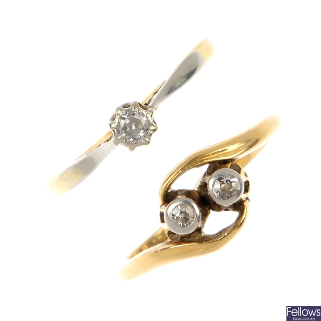 A selection of four early and mid 20th century 18ct gold diamond rings.