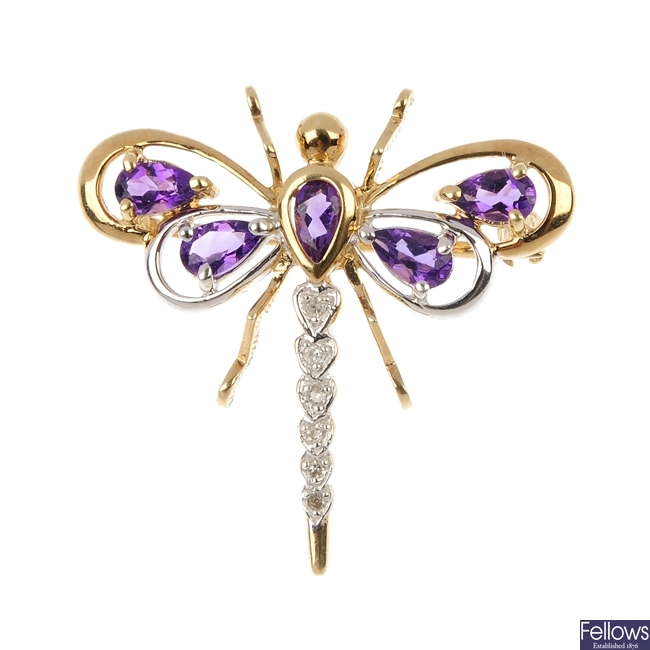 A 9ct gold amethyst and diamond dragon fly brooch.