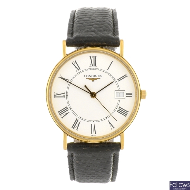 (811006326) A gold plated quartz gentleman's Longines Presence wrist watch.