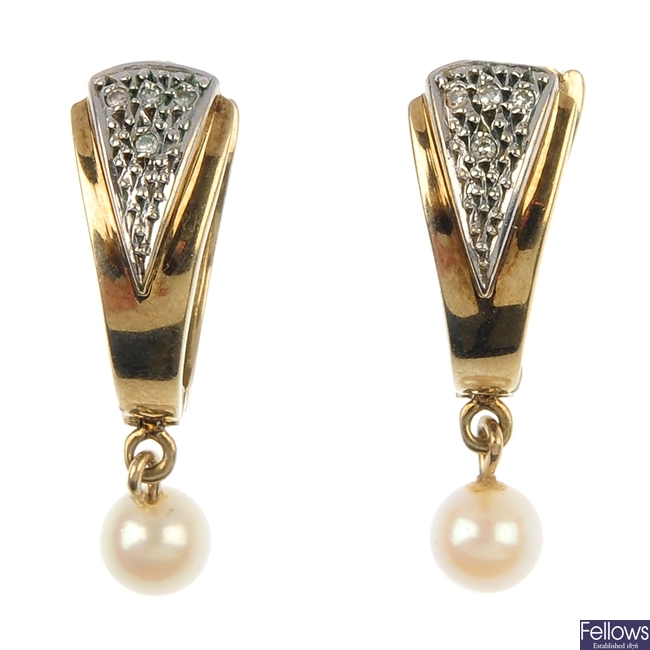 A pair of 9ct gold cultured pearl and diamond ear hoops.